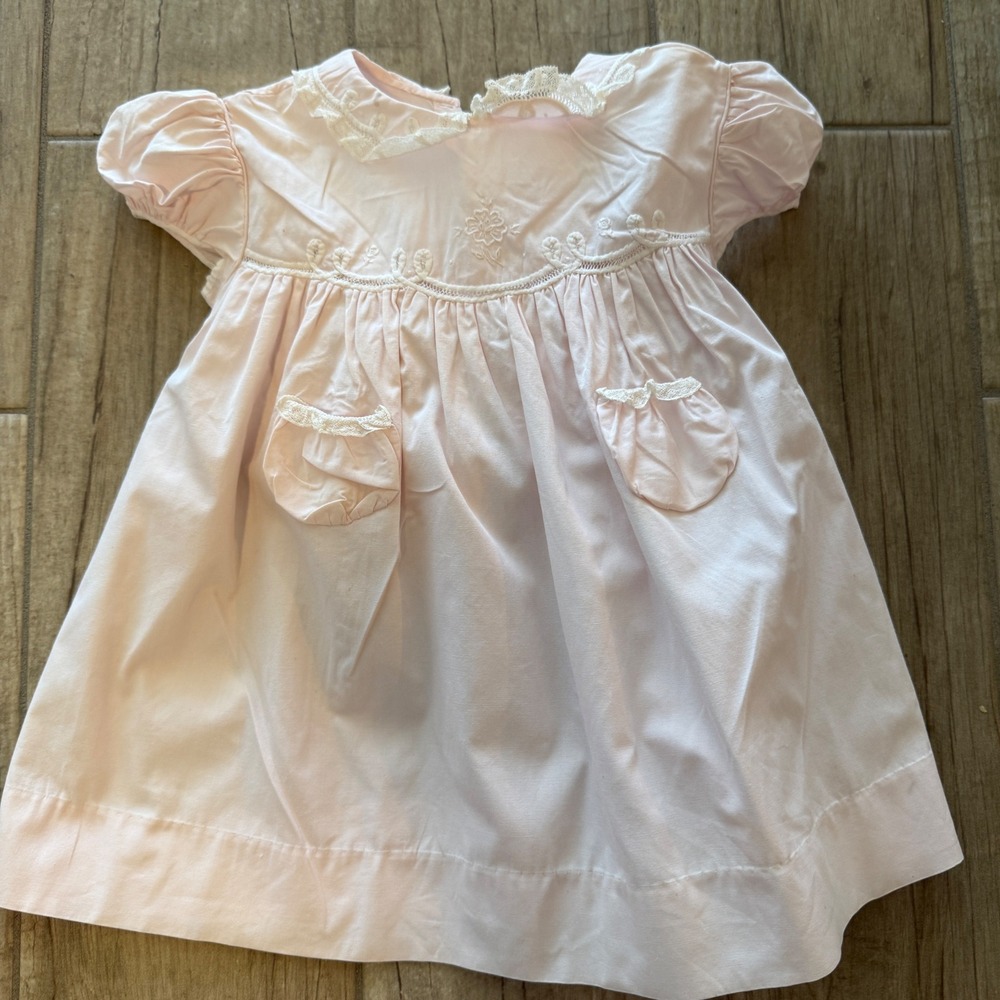Feltman Brothers Vintage Pink Heirloom Baby Dress Lace Embroidery Bow 12M